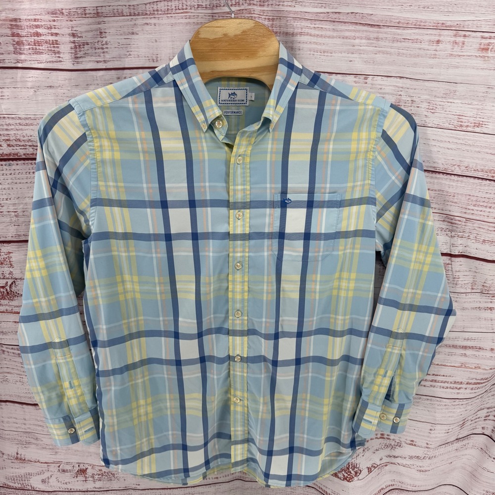 Southern Tide Performance Shirt Mens Large Blue Yellow Plaid Stretch Long Sleeve